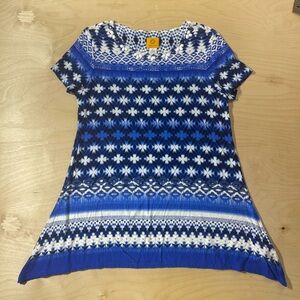 Ruby Rd. Blue and White Geometric Short Sleeve Top Small (QM)